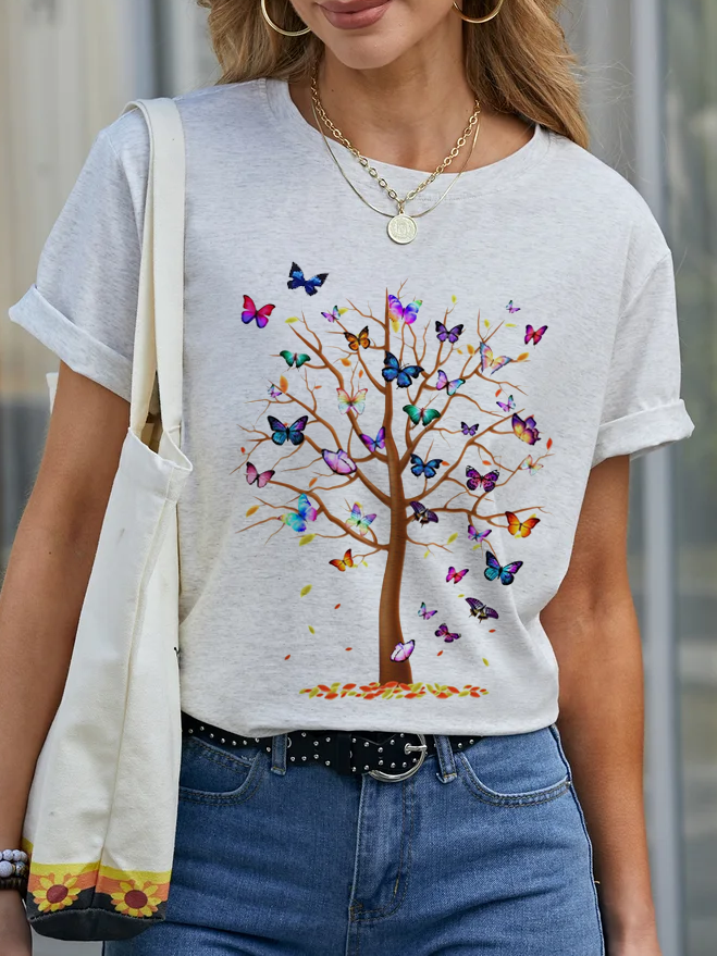 Casual Crew Neck Butterfly Printed Short Sleeve T-Shirt shirt & Top