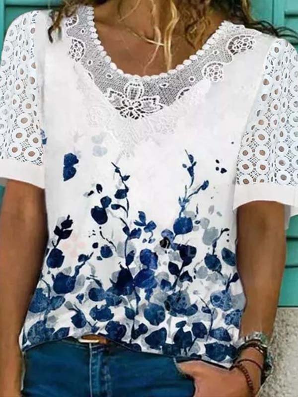 Floral Lace Crew Neck Short Sleeve Casual T-Shirt
