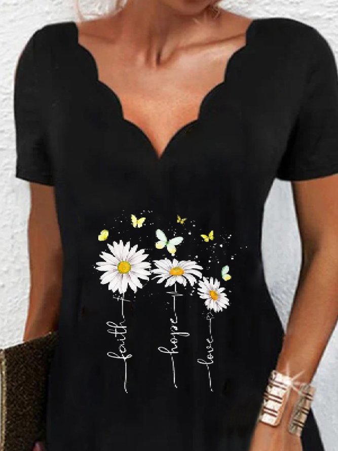 Casual Floral V neck Short Sleeve Knit Dress