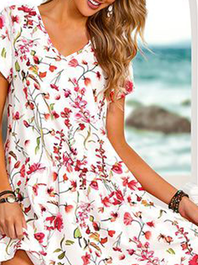 Vacation Floral Loosen V Neck Short Sleeve Knit Dress