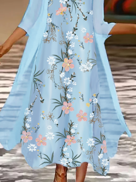 Floral Printed Round Neck Long Casual Sky Blue Dresses-Two Piece Sets