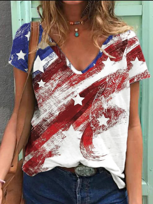 American Flag Casual V Neck Shift Abstract T-shirt