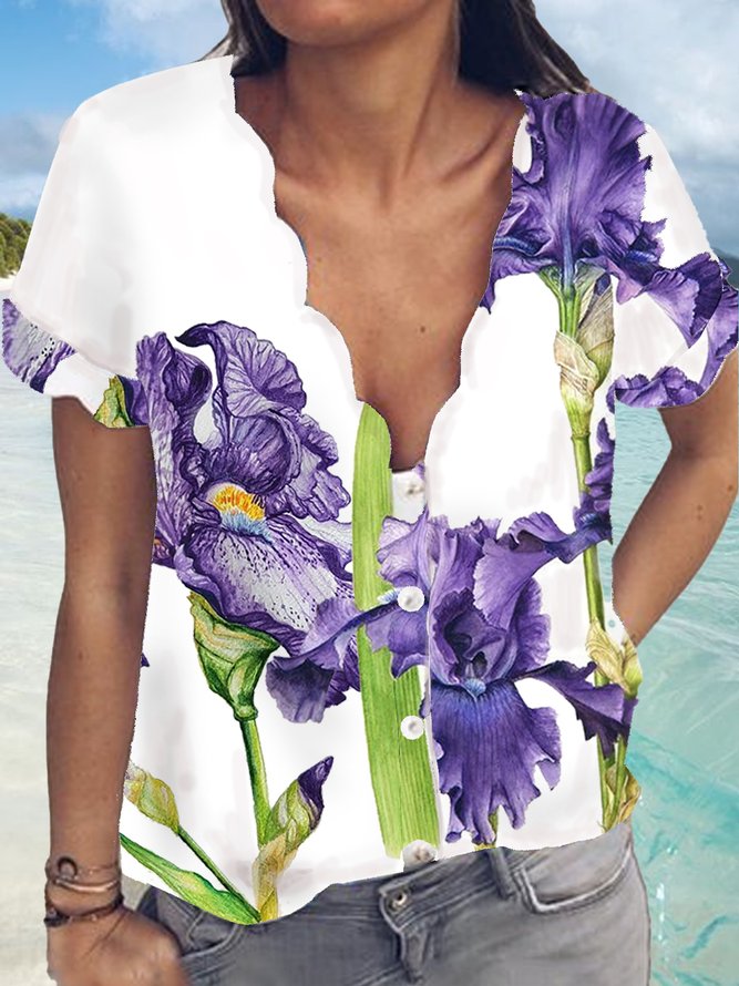Buttoned V Neck Vacation Short Sleeve Blouse
