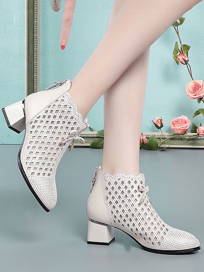 Sweet Rhinestone Bow Cutout Upper Chunky Heel Sandals Ankle Boots
