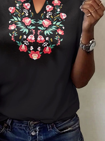 Boho Tribal Floral Casual Loosen V Neck Short Sleeve T-Shirt