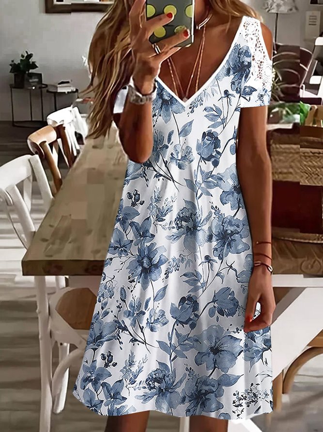 Vacation Floral Casual Loosen V Neck Midi Short Sleeve Knit Dress