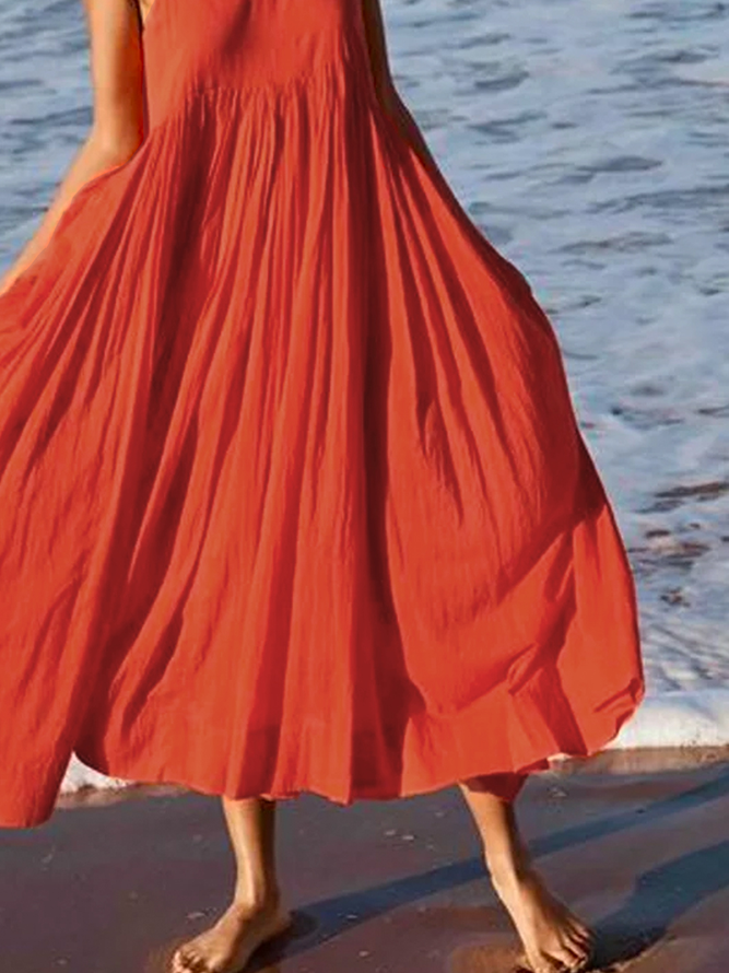 Orange Red Swing Spaghetti Cotton Holiday Weaving Dress
