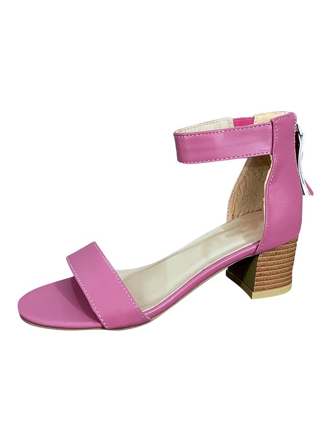 Simple Solid Color Zip Block Heel Sandals