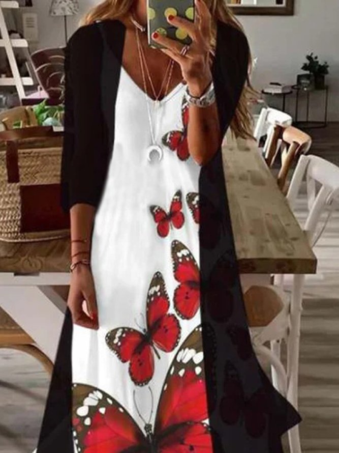 Butterfly Casual V neck Sleeveless Two Piece Sets