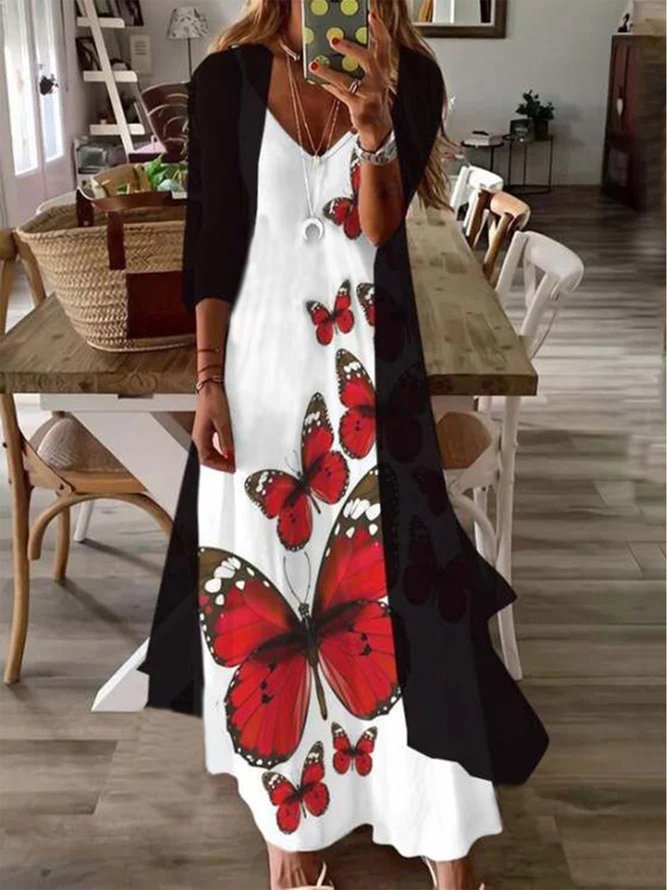 Butterfly Casual V neck Sleeveless Two Piece Sets