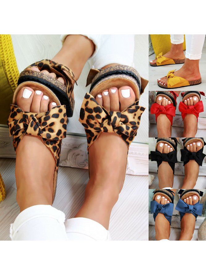 Leopard Print Solid Color Bow Casual Resort Slippers