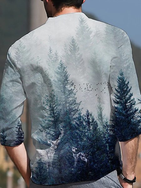 Men's Cotton Linen Natural Geographic Print Short Sleeve Shirt