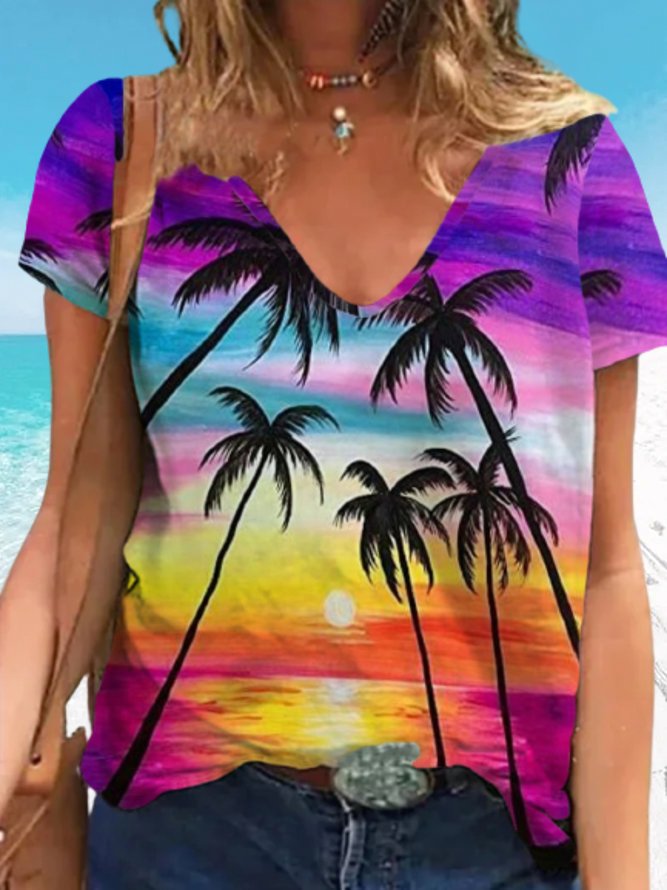 Casual Coconut Tree Short Sleeve V Neck Plus Size Printed Tops T-shirts