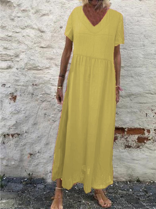 Woman Short Sleeve Cotton-Blend V Neck Plain Casual Weaving Dress