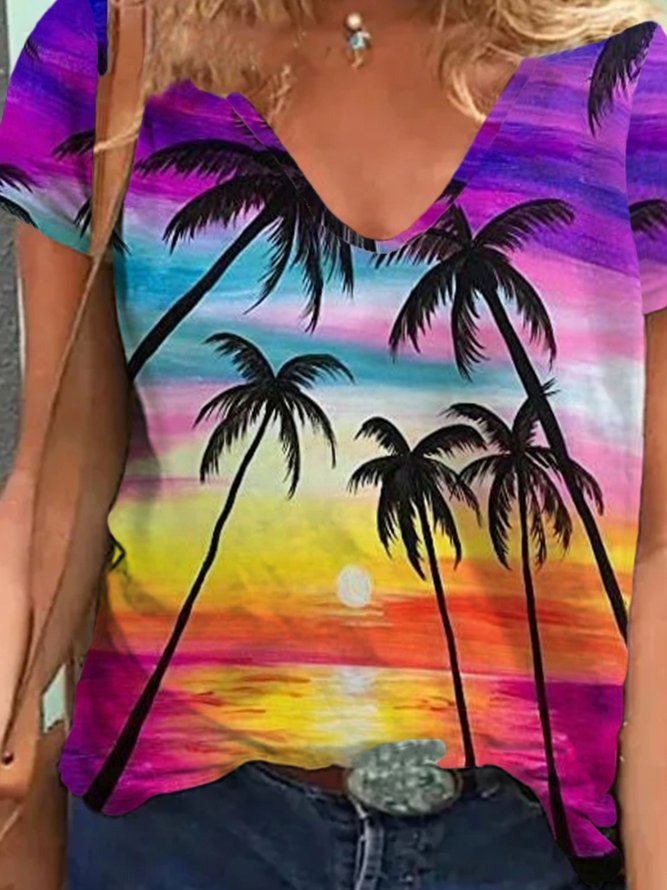Casual Coconut Tree Short Sleeve V Neck Plus Size Printed Tops T-shirts