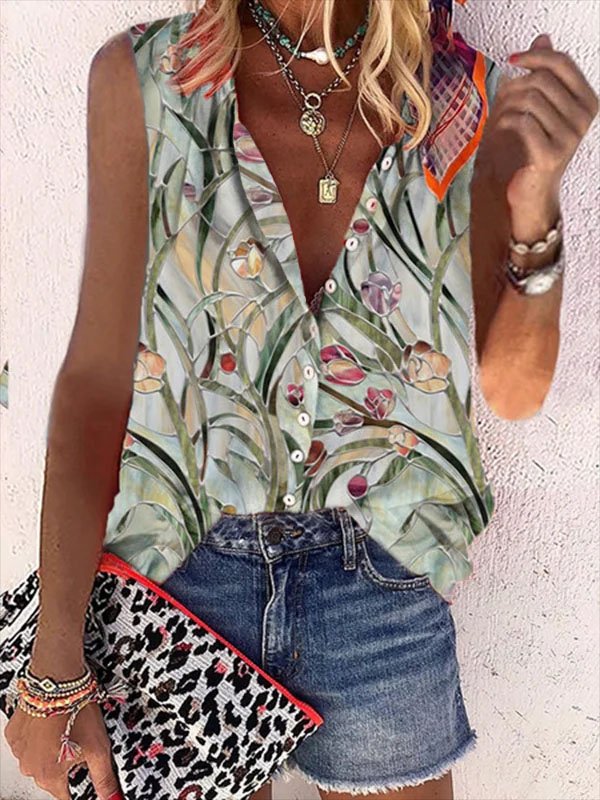 Printed V Neck Short Sleeve Casual Blouse