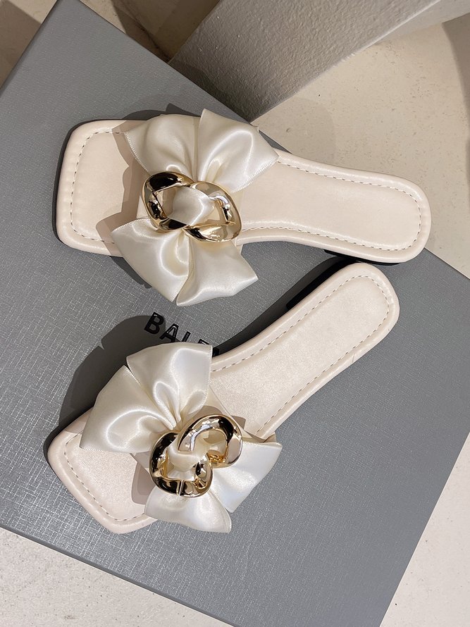 Bow Metal Buckle Square Toe Slippers