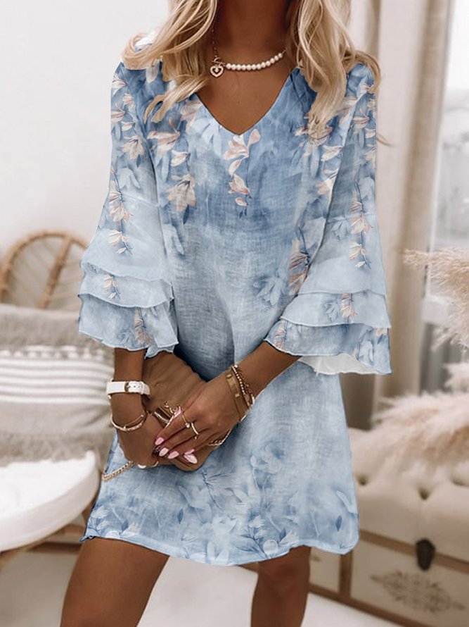 Floral Printed 3/4 Sleeve V Neck Casual Tunic Dress