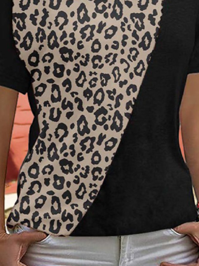Casual Leopard V neck Loosen Short Sleeve T-Shirt
