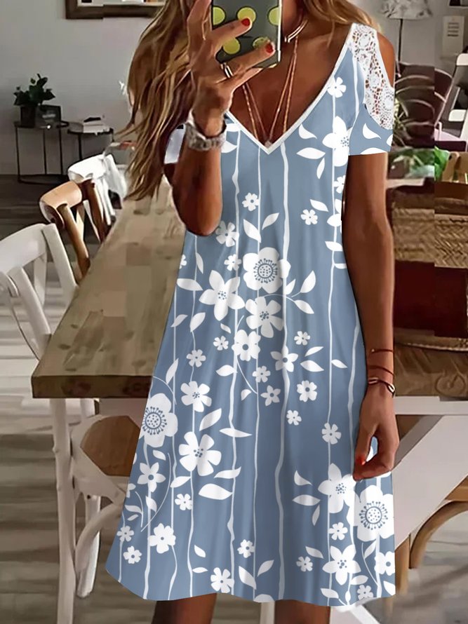 Floral Casual V Neck Short Sleeve Knit Dress