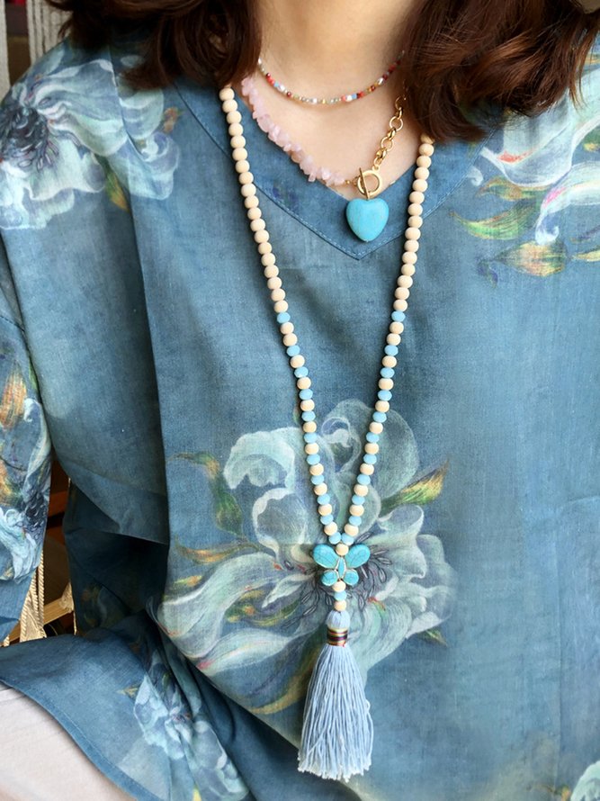 Boho Casual Turquoise Fringe Long Necklace