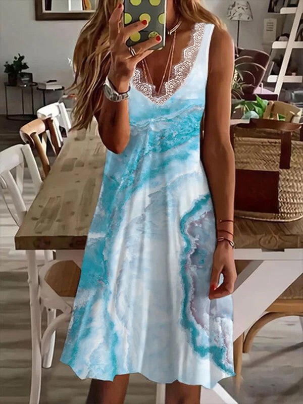 Printed Casual V neck Sleeveless Knit Dress