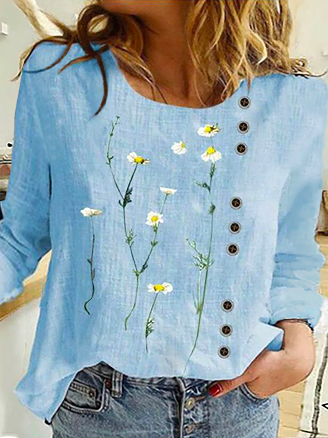 Women's Floral Blue Cotton Blend Crew Long Sleeve Casual Tops