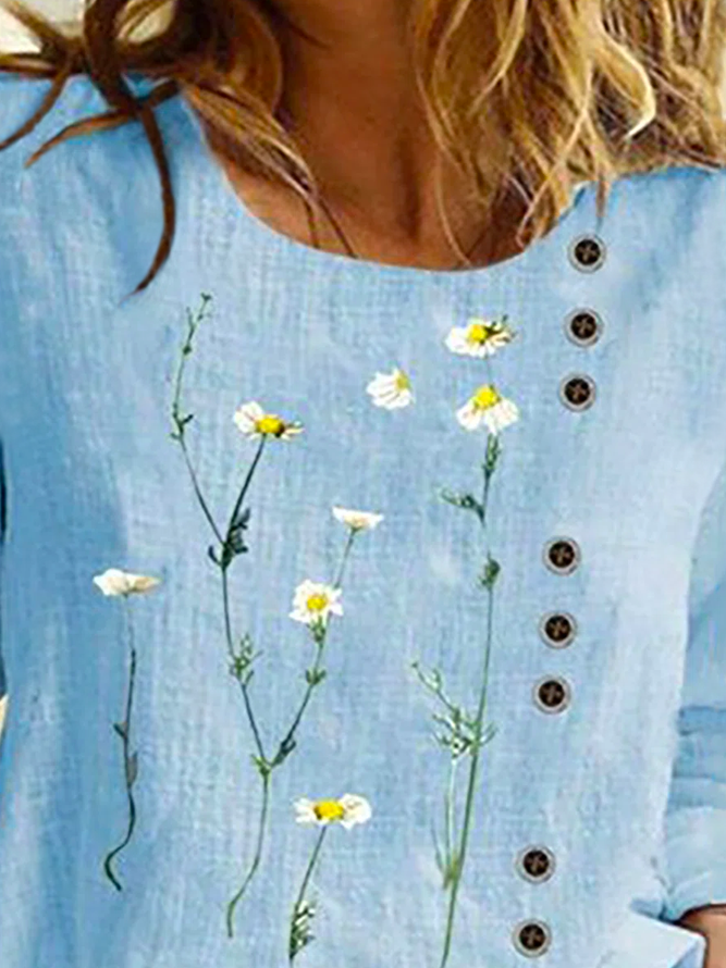 Women's Floral Cotton Blend Crew Long Sleeve Casual Top