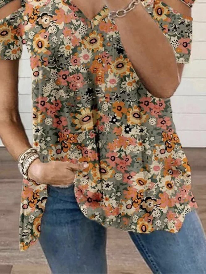 Floral V Neck Short Sleeve Plus Size Casual T-Shirt