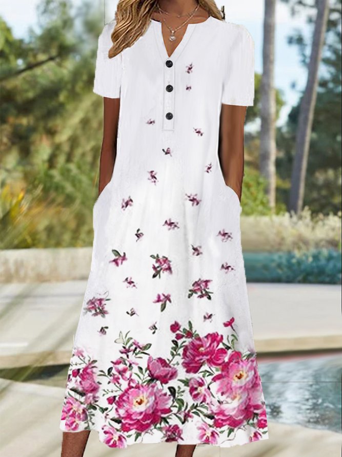 Vacation Floral Printed LoosenV Neck Pockets Short Sleeve Woven Dress