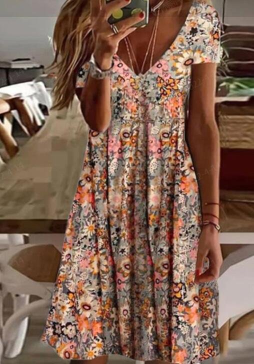 Floral Printed Boho V Neck Short Sleeve Knit Casual Vacation Dress