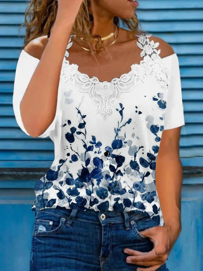 Women's Casual Floral V Neck Lace Cotton Blends Short Sleeve Top T-shirt