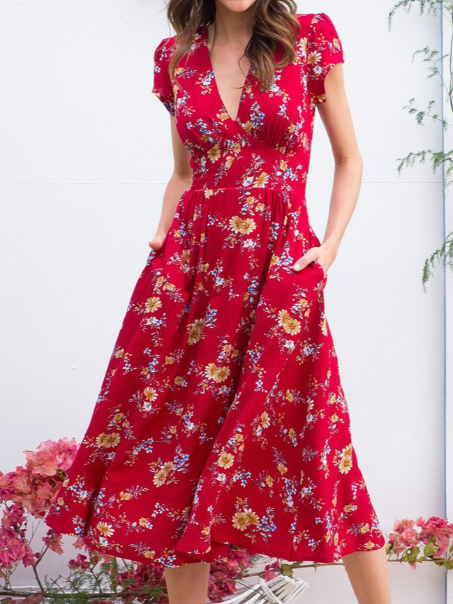 Floral Short Sleeve FloralPrint V Neck Dresses noracora