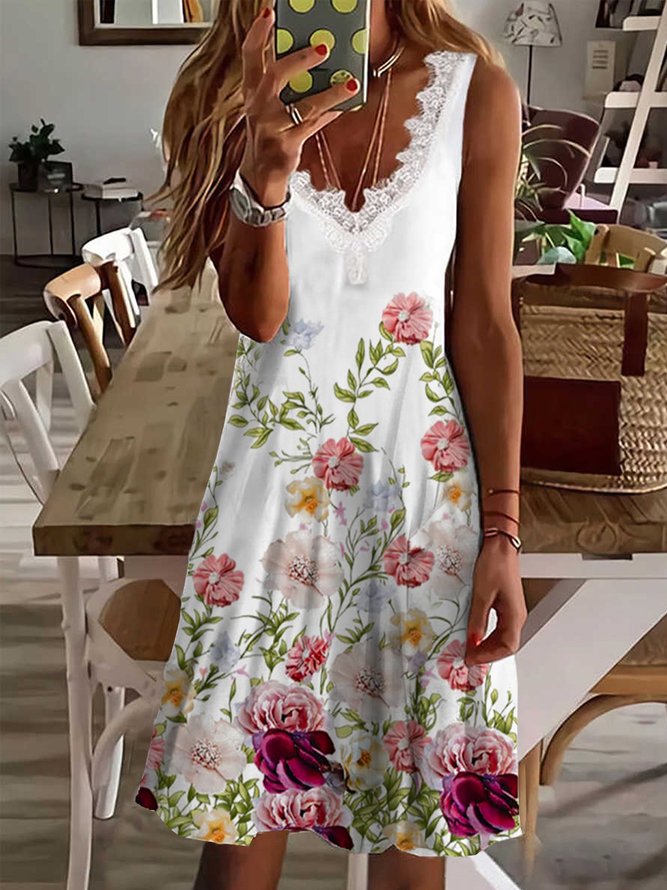 Vacation Romantic Floral Printed Casual Loosen V Neck Midi Plus Size Sleeveless Knitting Dresses