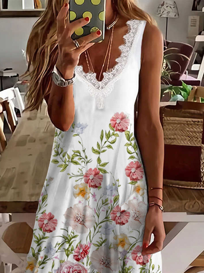 Vacation Romantic Floral Printed Casual Loosen V Neck Midi Plus Size Sleeveless Knitting Dresses