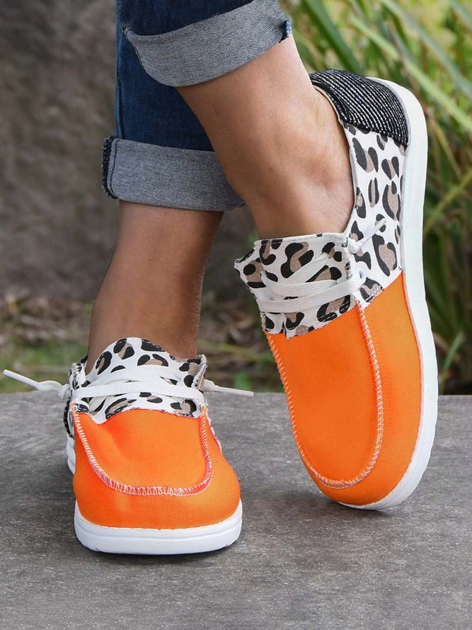 Leopard-Painted Orange Canvas Lace-Up Flats