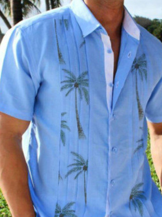 Men's Linen Lapel Blue Printed Casual Shirt