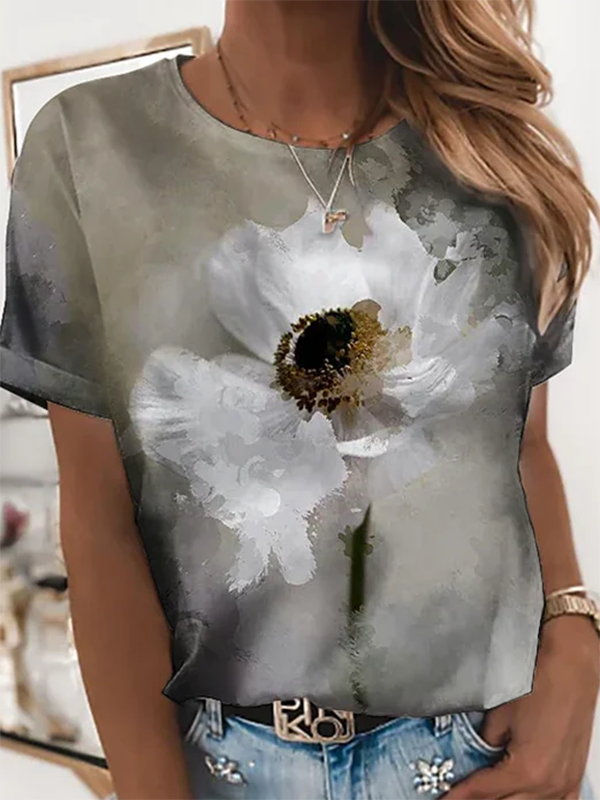 Women's Floral Crew Neck Cotton Blend Short Sleeve Casual T-Shirt