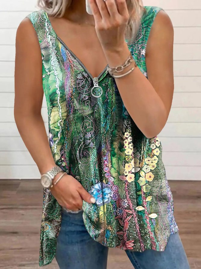 V Neck Loose Floral Tunic Tank & Cami