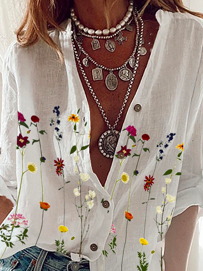 Floral-Print Casual Floral Shirt Collar Blouses