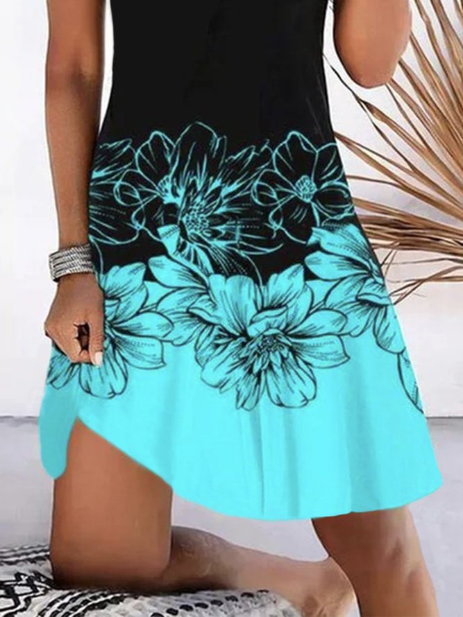Color-block Floral Sleeveless Cross Lace-up V Neck Plus Size Casual Knit Dress