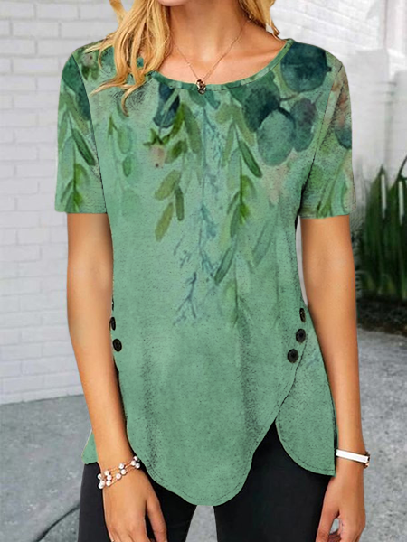 Floral  Short Sleeve  Printed Cotton-blend  Crew Neck  Vintage  Summer  Green Top