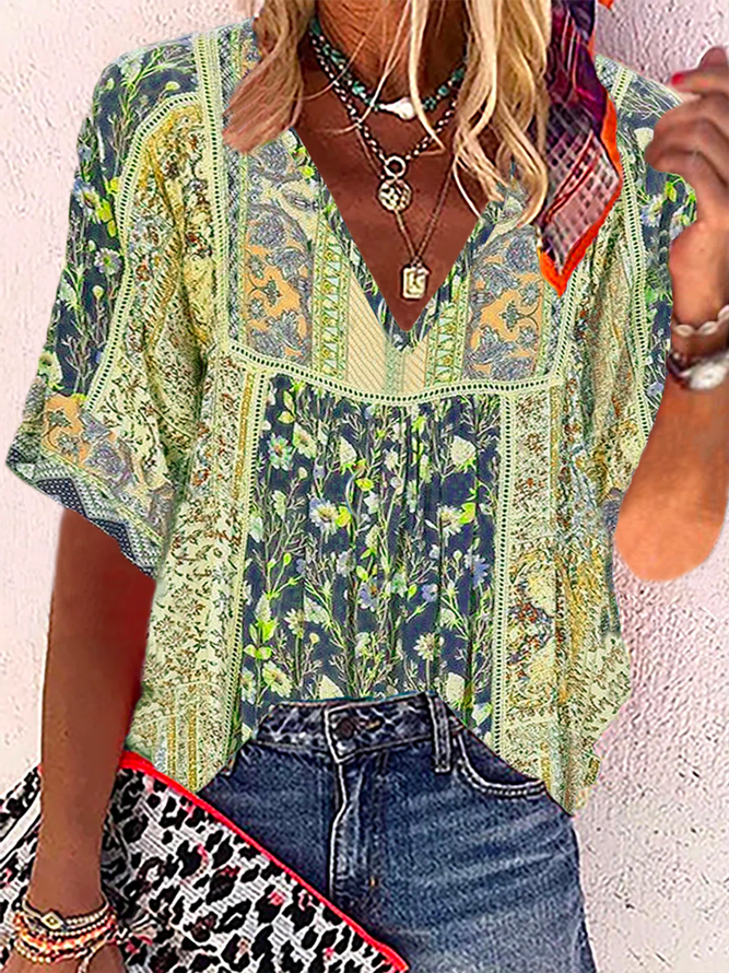 Plus size Boho Casual Half Sleeve Floral Blouses