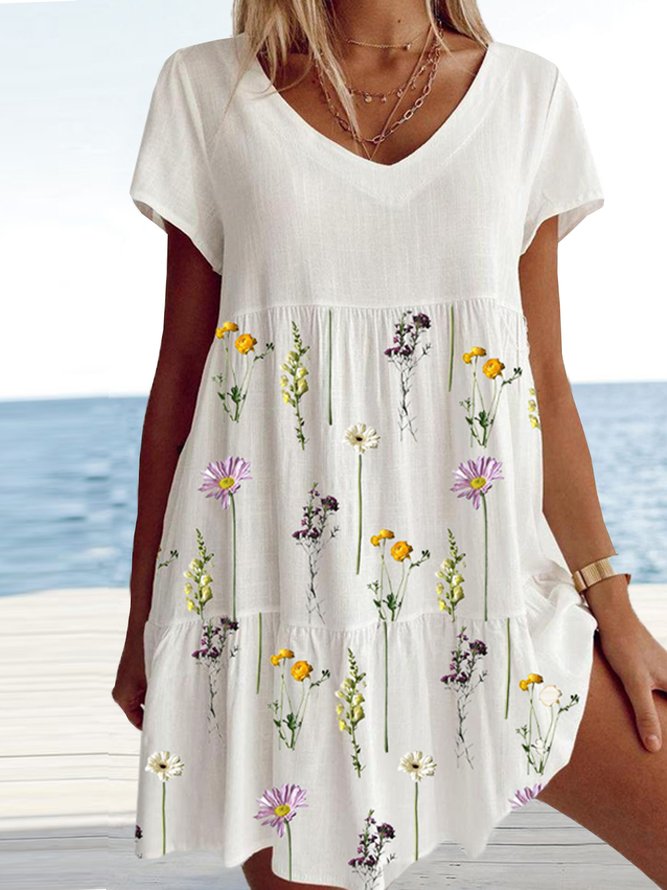 Vacation Floral Printed Loosen V Neck Short Sleeve Woven Dress