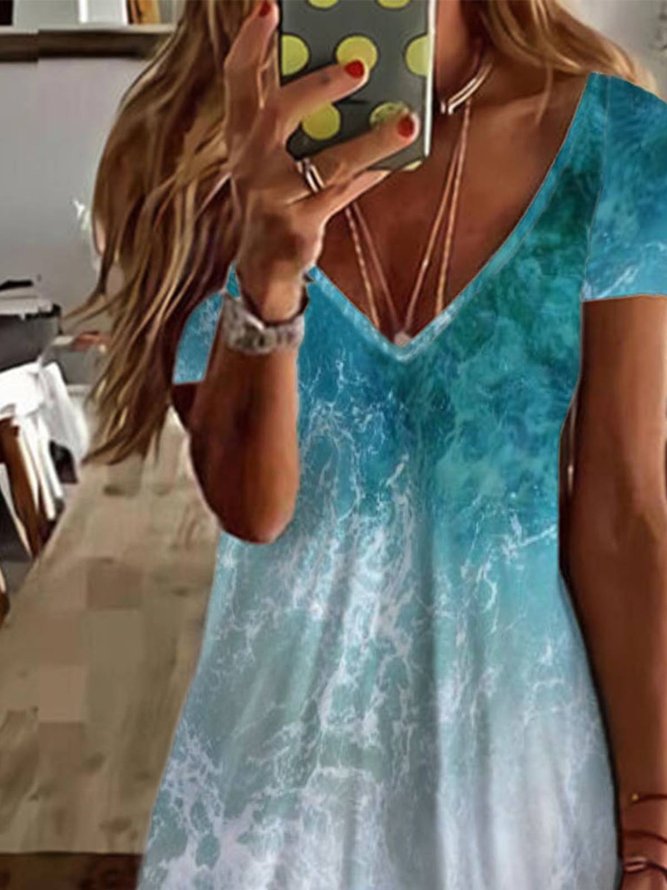 Sea Gradient Painted V-Neck Short Sleeve Casual Dress