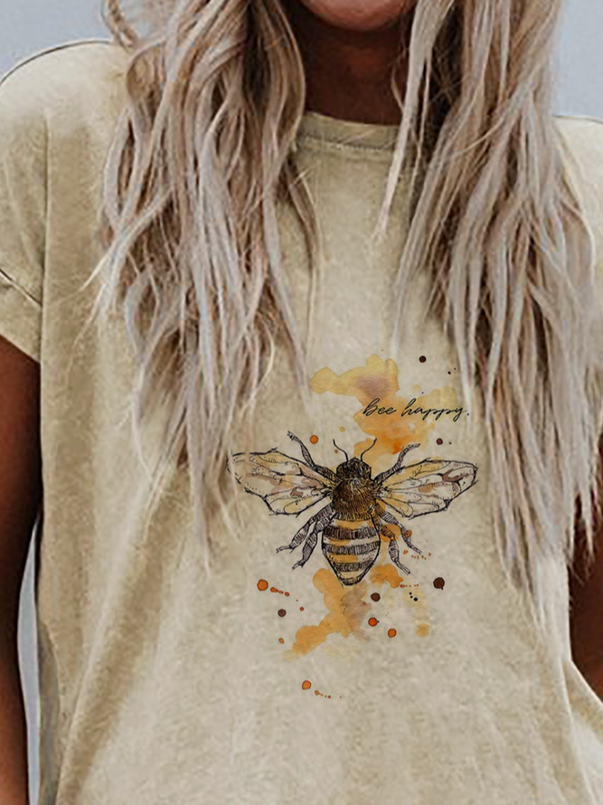 Plus size Bee Printed Be Happy Casual Short Sleeve T-Shirt