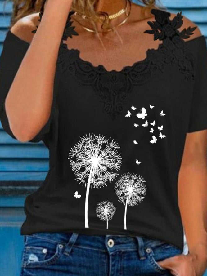 Casual Dandelion Short Sleeve V Neck Plus Size Printed Tops T-shirts