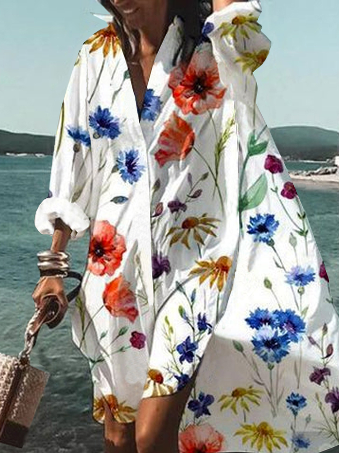 Floral Casual Shirt Collar Long Sleeve Woven Dress