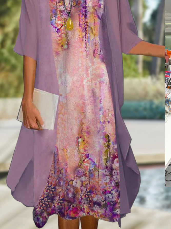 Vacation Floral Loosen Sleeveless Dress Crew Neck Midi Two Piece Sets