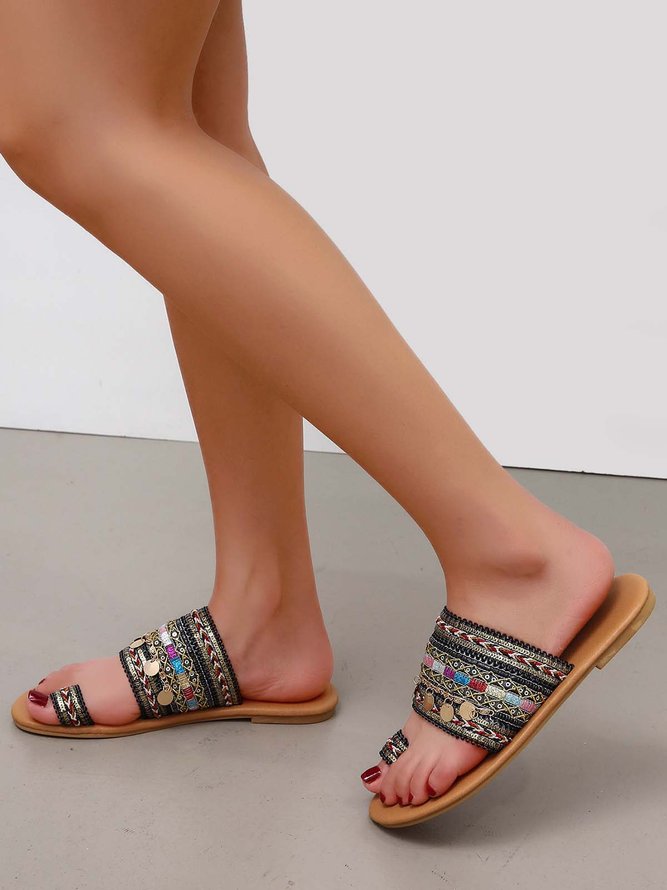 Woven Ethnic Pattern Sequined Thong Boho Slippers